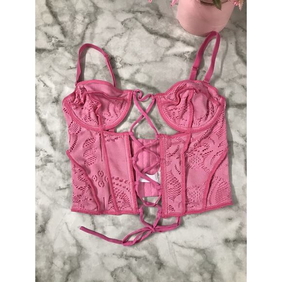 UO Out From Under PINK Amour Lace Lace-Up Adj Straps Corset Women's Size Sm/P - Picture 2 of 7